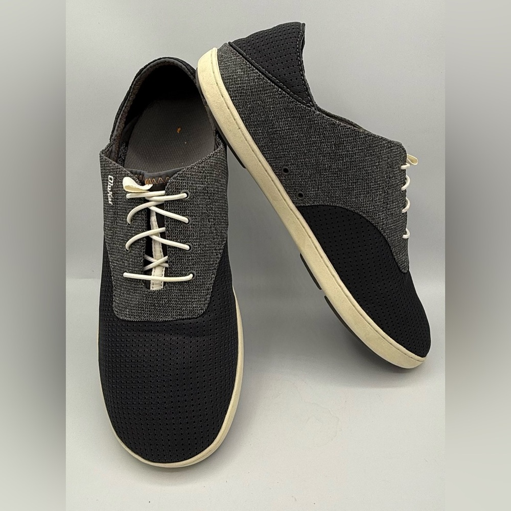 Olukai "Nohea Moku" Sneakers Gray & Black Mesh & Canvas Round Toe Shoes Men's 12